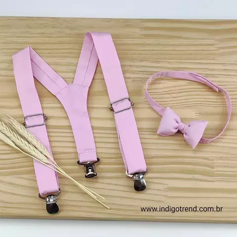 Kit Gravata Borboleta e Suspensório Dublin Rosa Adulto Infantil Bebê Índigo Trend