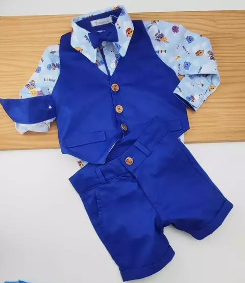 Conjunto Camisa Social ou Body Azul Bolofofos Bermuda e Colete Casual e Gravata Borboleta Azul Royal Índigo Trend