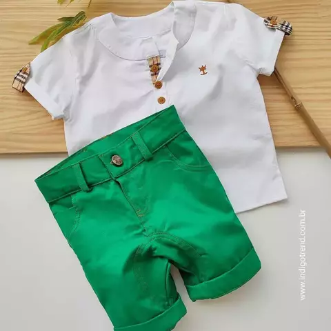 Conjunto Bata ou Body Branca Xadrez Veneza Burb e Bermuda Saruel Verde Bandeira Índigo Trend