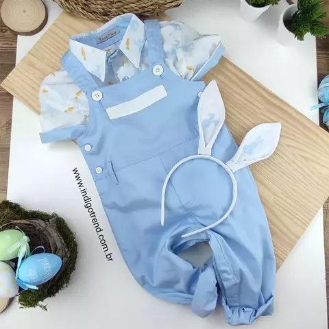 Conjunto Camisa Social ou Body Azul Coelho Colors Jardineira Azul Bebê Império Esporte Fino e Tiara Orelha Coelho Colors Azul Índigo Trend