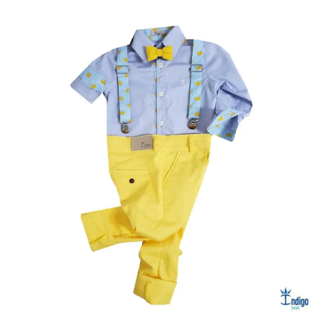 Conjunto Camisa Social ou Body Azul Bebê Pequeno Príncipe Coroas Calça Esporte Fino e Gravata Borboleta Amarelo Canário e Suspensório Pequeno Príncipe Coroas Índigo Trend