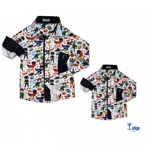 Kit Pai e Filho Camisa Social ou Body Hanôver Super Heróis Índigo Trend