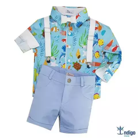 Conjunto Camisa Social ou Body Branca Tailândia Fundo do Mar Bermuda Azul Bebê Casual Gravata Borboleta e Suspensório Branco Índigo Trend
