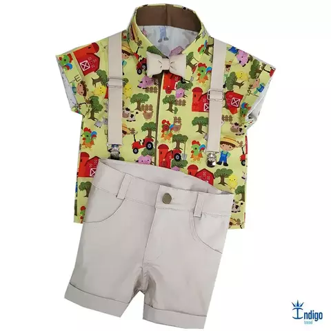 Conjunto Camisa ou Body Social Fazendinha Bermuda Casual Gravata Borboleta e Suspensório Bege Índigo Trend