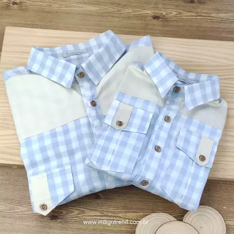 Kit Pai e Filho Camisa Social ou Body Azul Bebê e Bege Xadrez Vietnã Bolso Índigo Trend