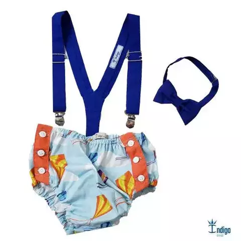 Kit Tapa Fraldas Smash The Cake Pipa Cafifa Gravata Borboleta e Suspensório Azul Royal Índigo Trend
