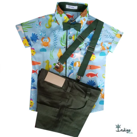 Conjunto Camisa Social ou Body Verde Musgo Tailândia Fundo do Mar Bermuda Casual Gravata Borboleta e Suspensório Verde Musgo Índigo Trend
