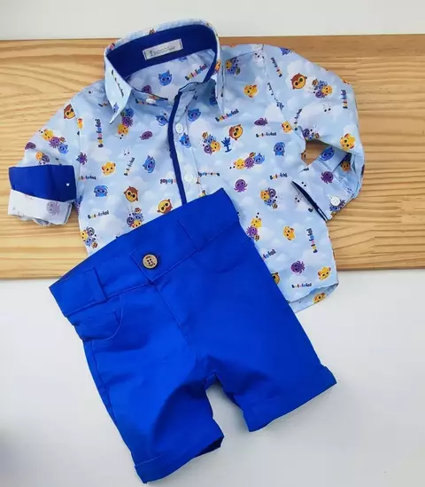 Conjunto Camisa Social ou Body Azul Bolofofos e Bermuda Casual Azul Royal Índigo Trend