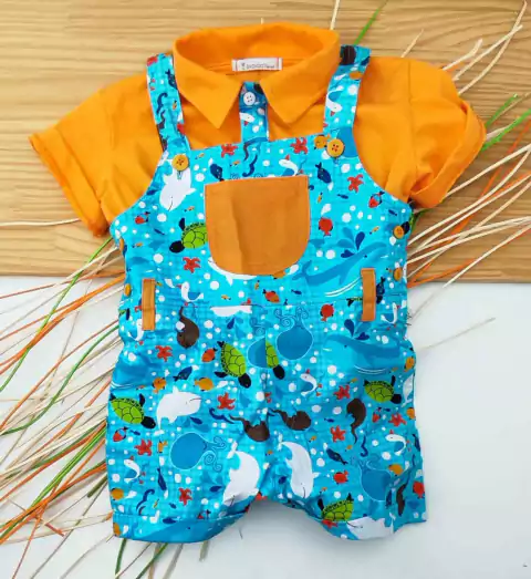 Conjunto Camisa Polo ou Body Laranja e Jardineira Bucareste Fundo do Mar Índigo Trend