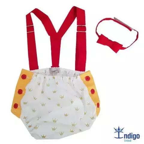 Kit Tapa Fraldas Smash The Cake Inglaterra Dourado Gravata Borboleta e Suspensório Vermelho Índigo Trend
