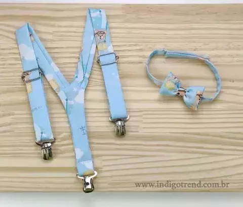 Kit Gravata Borboleta e Suspensório Urso Baloeiro Adulto Infantil Bebê Índigo Trend