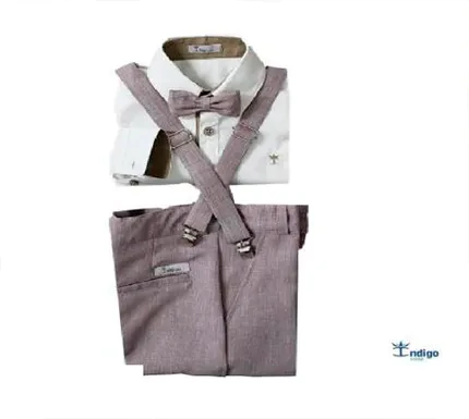 Conjunto Camisa Social ou Body Marfim Grécia Calça Social Gravata Borboleta e Suspensório Caramelo Europa Índigo Trend