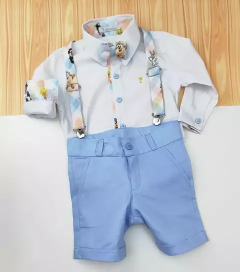 Conjunto Camisa Social ou Body Branca Looney Tunes Azul Bebê Bermuda Azul Bebê Esporte Fino Gravata Borboleta e Suspensório Looney Tunes Índigo Trend - comprar online