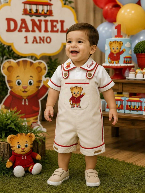 Conjunto Bata ou Body Charles Branca Bordado Daniel Tigre e Nome e Jardineira Charles Bege Daniel Tigre Bordado Boduchinhos
