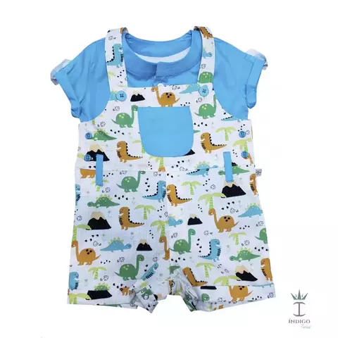 Conjunto Bata ou Body Azul Turquesa Eslovênia e Jardineira Azul Turquesa Dinossauro Dino Baby Índigo Trend