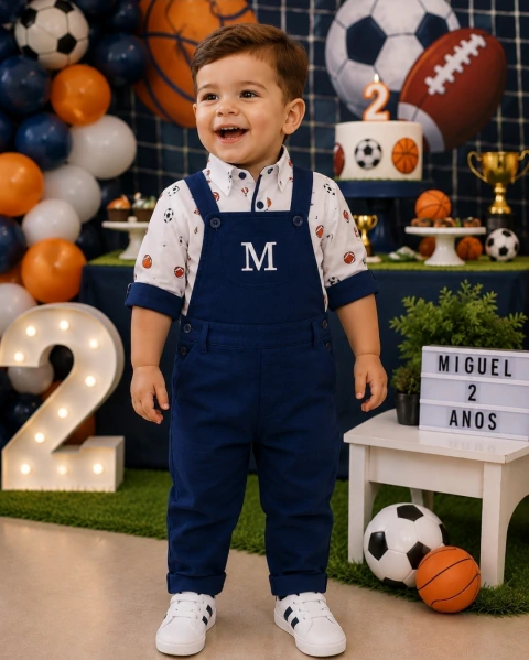 Conjunto Camisa Social ou Body Esportes Vôlei Basquete Basebol e Jardineira Azul Marinho Personalizada com a Inicial do Nome Bordado Esporte Fino Boduchinhos