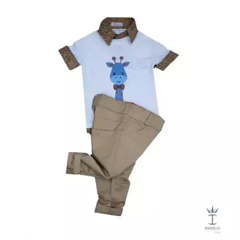 Conjunto Camiseta ou Body T-Shirt 2 em 1 Summer Branca Girafa Savaninha e Calça Casual Caramelo Índigo Trend