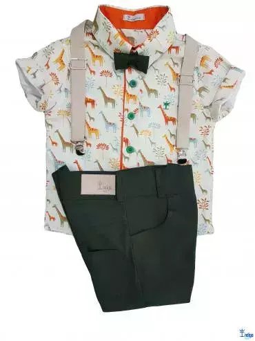 Conjunto Camisa Social ou Body Savana Safári Bermuda Casual e Gravata Borboleta Verde Musgo e Suspensório Bege Índigo Trend