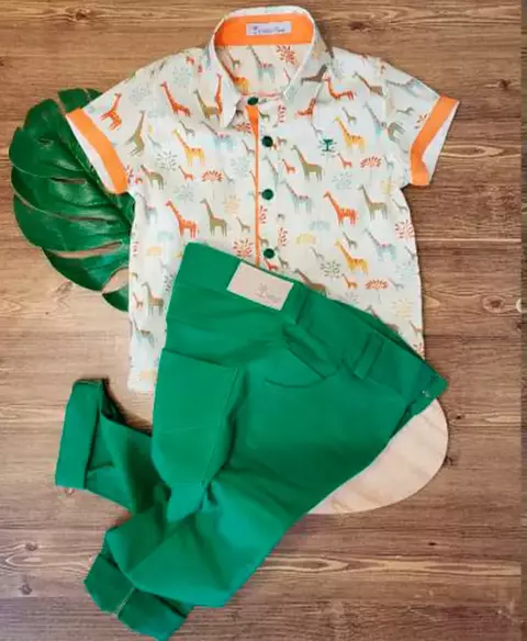 Conjunto Camisa Social ou Body Savana Safári Calça Verde Bandeira Casual Índigo Trend