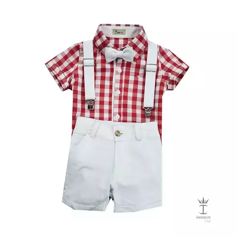 Conjunto Camisa Social ou Body Vermelha Xadrez Haiti Bermuda Esporte Fino Gravata Borboleta e Suspensório Branco Índigo Trend