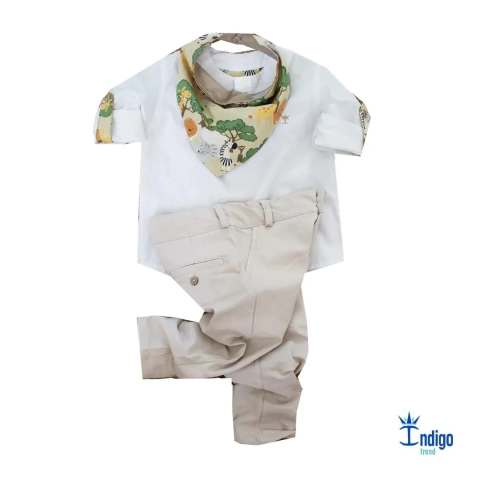 Conjunto Bata ou Body Branca Safári Digital Calça Bege Esporte Fino e Babador ou Bandana Safári Digital Índigo Trend
