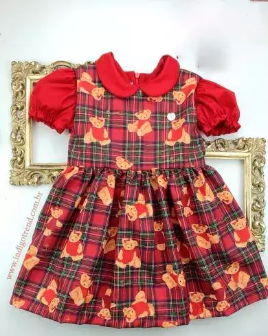 Conjunto Bata ou Body Menina Vermelha Bufante Natal e Vestido Princesa Regata Vermelha Ursa Escocesa Natal Índigo Trend
