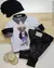 Conjunto Camiseta ou Body T-Shirt Branca Urso Hello Camisa Social ou Body Preta Xadrez Veneza Calça Preta Couro Casual e Touca Malha Preta Índigo Trend