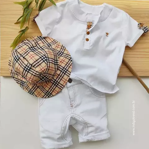 Conjunto Bata ou Body Branca Burb Bermuda Saruel Branca e Chapéu Australiano Xadrez Veneza Burb Índigo Trend
