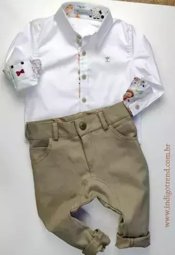 Conjunto Camisa Social ou Body Branca Baby Safári Calça Saruel Verde Caqui Índigo Trend