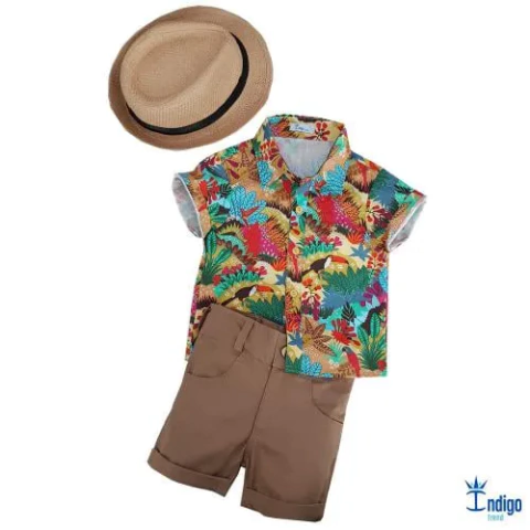 Conjunto Camisa Social ou Body Floral África Bermuda Caramelo Casual e Chapéu Panamá Caramelo Índigo Trend