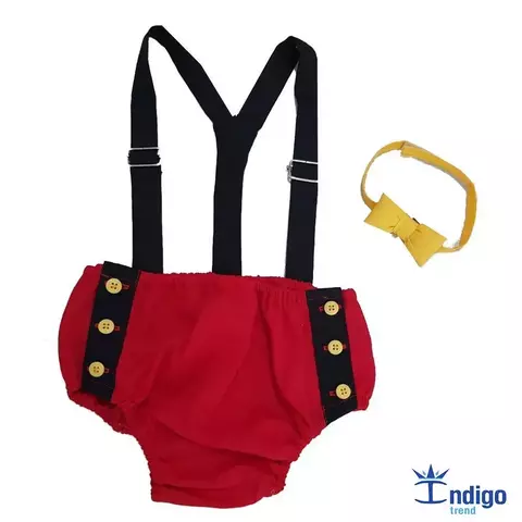 Kit Tapa Fraldas Smash The Cake Vermelho e Preto Mouse Gravata Borboleta Amarelo Gema e Suspensório Preto Índigo Trend