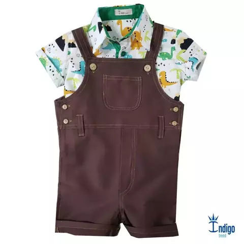 Conjunto Camisa Social ou Body Dinossauro Dino Baby e Jardineira Marrom Esporte Fino Índigo Trend