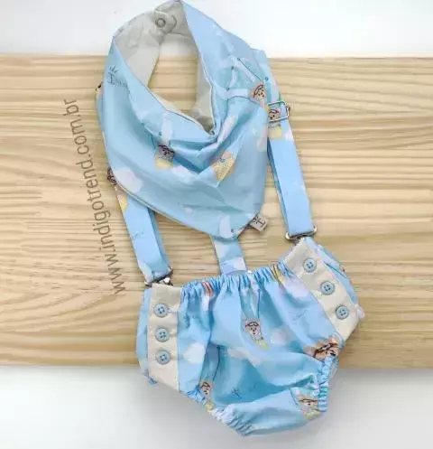 Kit Tapa Fraldas Smash The Cake Babador ou Bandana e Suspensório Urso Baloeiro Índigo Trend