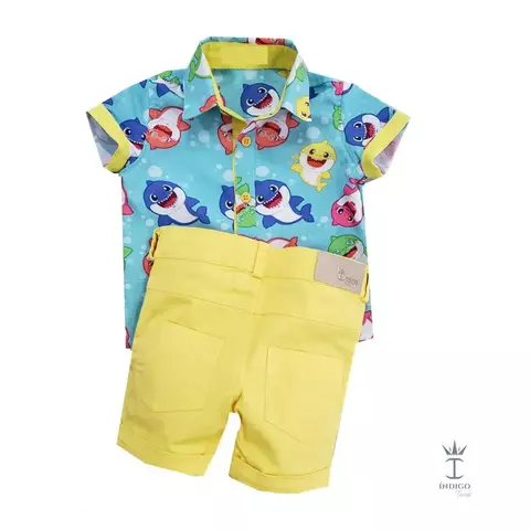 Conjunto Camisa Social ou Body Baby Shark Amarelo e Bermuda Casual Amarelo Canário Índigo Trend