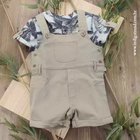 Conjunto Bata ou Body Havaí Linho Coqueiros Jardineira Verde Caqui Índigo Trend