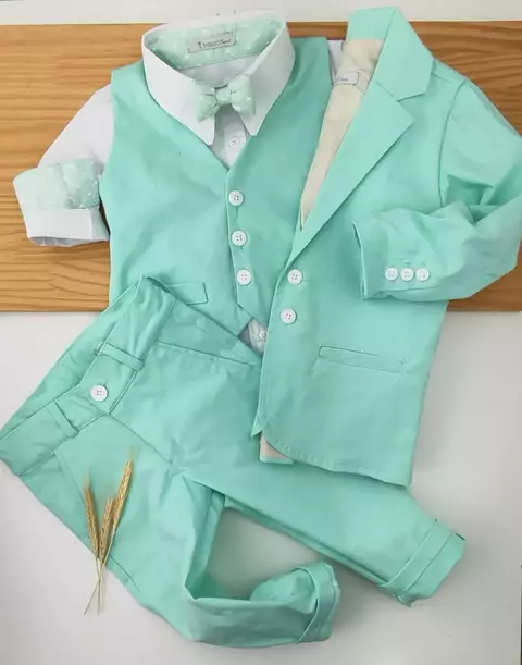 Conjunto Camisa Social ou Body Branca Inglaterra Verde Império Calça Blazer e Colete Verde Tiffany Esporte Fino Botão Branco e Gravata Borboleta Verde Inglaterra Império Índigo Trend