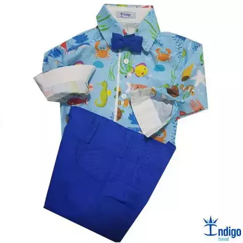 Conjunto Camisa Social ou Body Branca Tailândia Fundo do Mar Bermuda Casual e Gravata Borboleta Azul Royal Índigo Trend