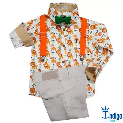 Conjunto Camisa Social ou Body Oslo Safári Bermuda Casual Bege Gravata Borboleta Verde Bandeira e Suspensório Laranja Índigo Trend