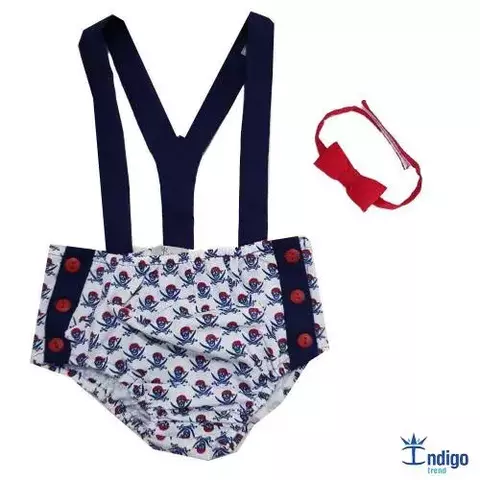 Kit Tapa Fraldas Smash The Cake Cancún Gravata Borboleta Vermelha e Suspensório Azul Marinho Índigo Trend