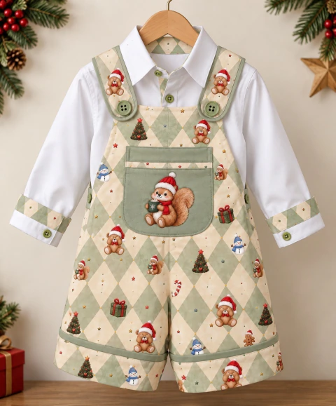Kit Natal Era Uma Vez Ursos – Camisa Social ou Body e Jardineira Charles Infantil e Bebê | Boduchinhos