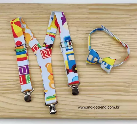 Kit Gravata Borboleta e Suspensório Brinquedos Coloridos Adulto Infantil Bebê Índigo Trend