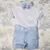 Conjunto Camiseta ou Body T-Shirt 2 em 1 Summer Branca Azul Viena Bermuda Azul Bebê Botão Branco Esporte Fino e Gravata Borboleta Azul Bebê Índigo Trend