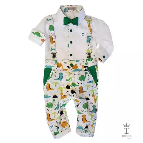 Conjunto Camisa Social ou Body Branca Dinossauro Dino Baby Calça e Suspensório Dino Baby e Gravata Borboleta Verde Bandeira Índigo Trend