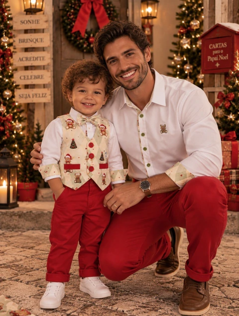 Kit Pai e Filho Natal Era Uma Vez Ursos – Camisa Social ou Body, Calça Vermelha, Colete e Gravata Borboleta | Boduchinhos