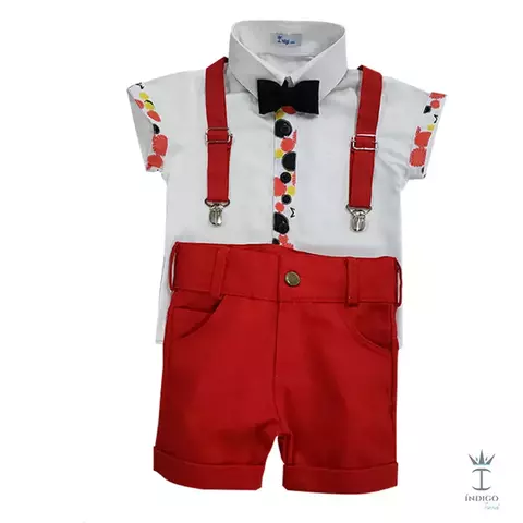 Conjunto Camisa Social ou Body Branca Mouse Bermuda Casual e Suspensório Vermelho e Gravata Borboleta Preta Índigo Trend