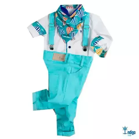 Conjunto Camisa Social ou Body Branca Capadócia Balões Calça Casual e Suspensório Verde Tiffany Babador ou Bandana Capadócia Balões Índigo Trend