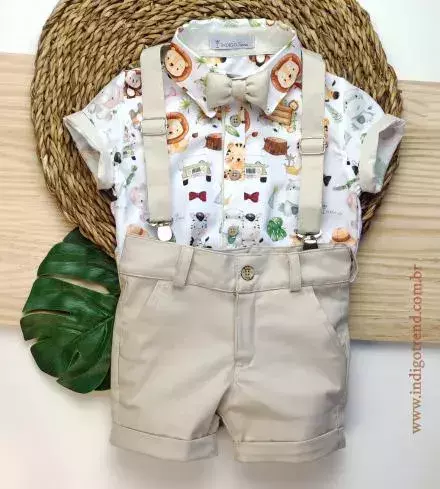 Conjunto Camisa Social ou Body Bege Baby Safári e Bermuda Esporte Fino Gravata Borboleta e Suspensório Bege Índigo Trend