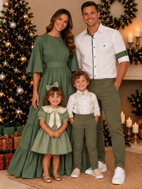 Kit Família Natal Era Uma Vez Verde - Camisa Social ou Body, Calça Verde Musgo, Gravata Borboleta, Suspensório, Vestido Adulto Alteza, Vestido Infantil Alice e Laço Verde Oliva | Boduchinhos