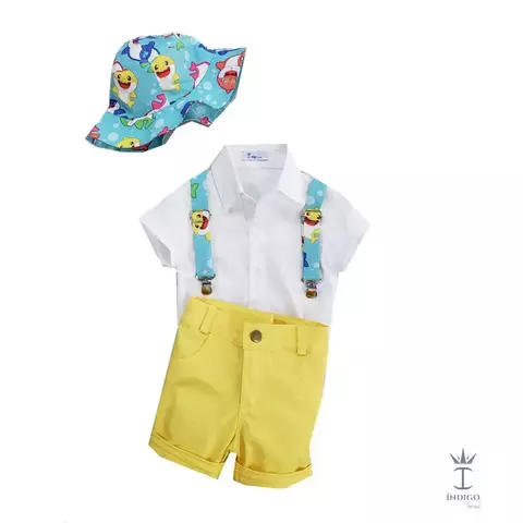 Conjunto Camisa Social ou Body Branca Amsterdã Bermuda Casual Amarelo Canário Chapéu Australiano e Suspensório Baby Shark Índigo Trend