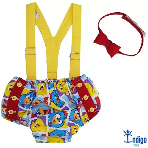 Kit Tapa Fraldas Smash The Cake Galinha Pintadinha Gravata Borboleta Vermelha e Suspensório Amarelo Canário Índigo Trend